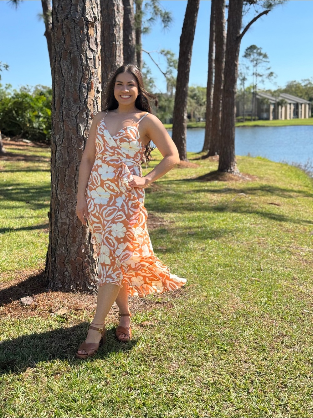 Floral Orange and Cream V-Neck Midi Dress